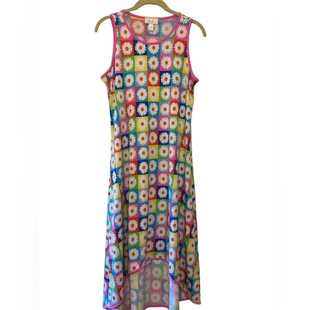 Sleeveless Multicolor Daisy Print Maxi Dress - Pink Trim